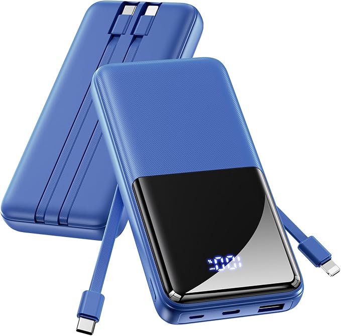 Portable Charger Power Bank - 20000mAh Battery Pack 22.5W Fast Charging Built-in Cable, Portable Phone Charger for iPhone All Models Samsung Android, Airline Friendly Travel Essentials, 1 Pack, Cobalt