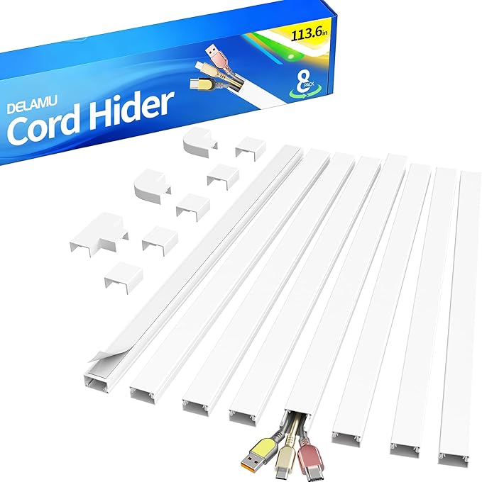 Delamu Cord Hider for Wall Mounted TV, 113.6in Paintable Cable Cover System, Self-Adhesive Cable Management Raceway Kit Hides 2-3 Wires, Baseboard Wire Hider Easy Installation, W 0.95 H 0.55in, White