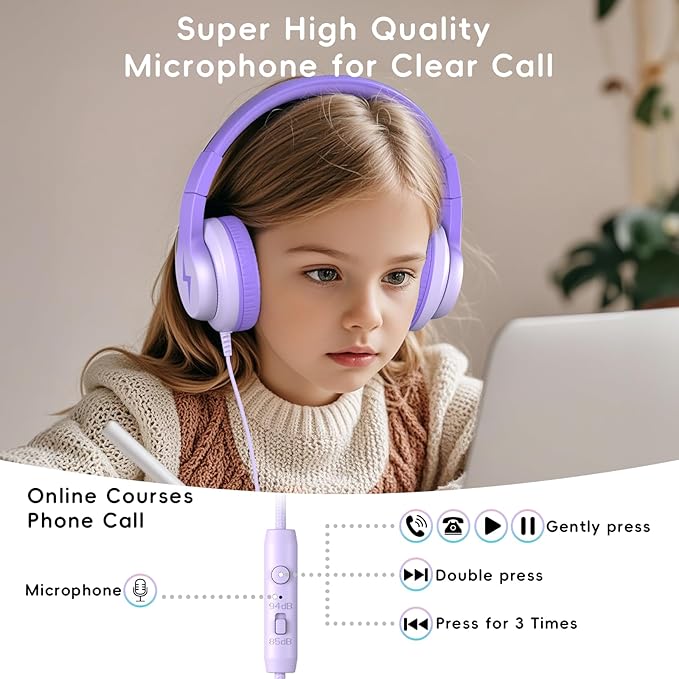 Candy Bila Kids Headphones, Wired Headphones for Kids Over Ear with Microphone, 85/94dB Volume Limiter Headphone for Girls Boys, Foldable Headphone for Learning & Entertainment, Gradient Deep Purple