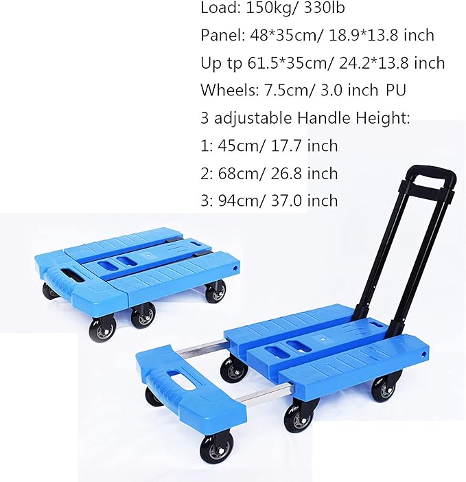 Foldable Hand Truck with 6 Wheels Extendable Handle 330 lbs Capacity Lightweight Portable Cart for Home Office Travel Luggage Moving and Transport