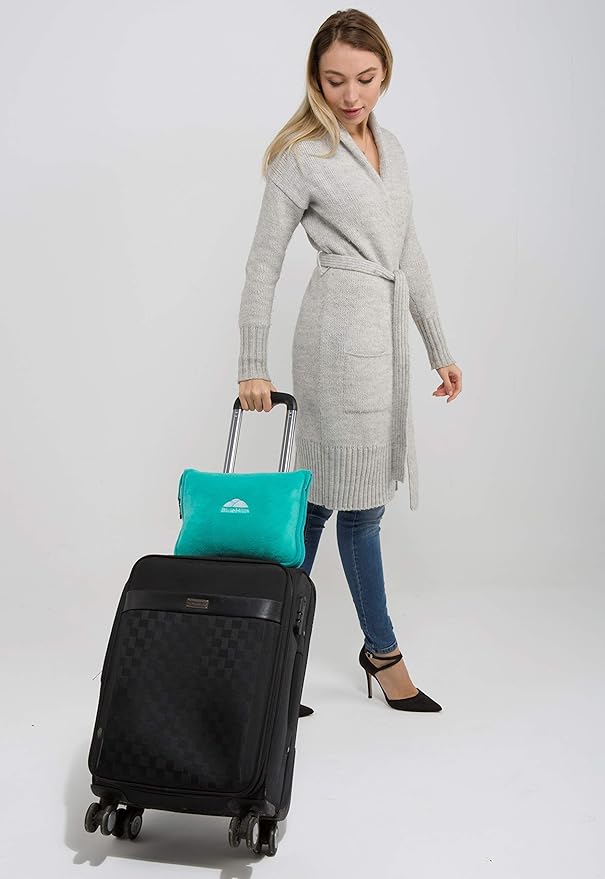 BlueHills Premium Soft Travel Blanket Pillow Value Pack Set of 2 - Airplane Flight Blanket Throw in Soft Bag with Luggage Belt Compact Pack Large Blanket for Travel Teal and Purple Colors