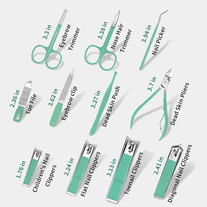 MINKINH Travel Manicure Set 26-Piece, Portable Nail Clippers Kit with PU Case, Carbon Steel Clippers, 410 Stainless Steel Grooming Tools, Hand Foot Facial Care for Luggage Backpack（Green）