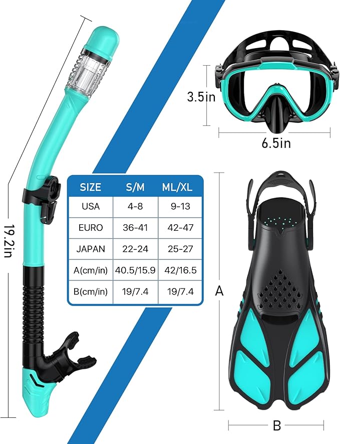 Ubekezele Snorkeling Gear for Adults Men Women,4 in 1 Snorkel Set with Panoramic View Diving Mask Anti-Fog Anti-Leak,Dry Top Snorkel,Fins and Travel Bag for Swimming,Snorkeling and Travel Diving