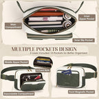 RAINSMORE Fanny Packs for Women, Leather Belt Bag Waterproof Everywhere Crossbody Waist Pack with Adjustable Strap Retro Sling Chest Bag for Work Running Travel Party, Dark Green with White
