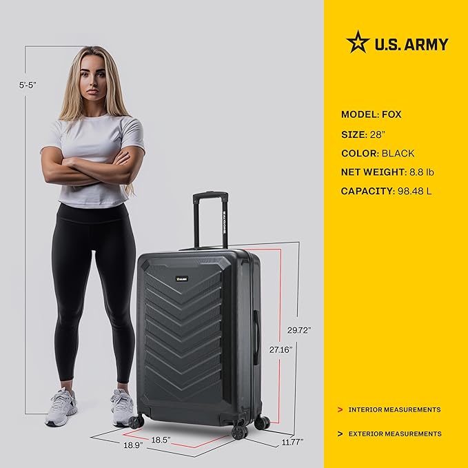 US ARMY Fox 28 inch Hardside Luggage with Spinner Wheels | Lightweight Large Suitcase for Extended Travel | Chevron Icon, Gel Handle, Side Studs, Retractable Trolley, Heavy Duty | Black