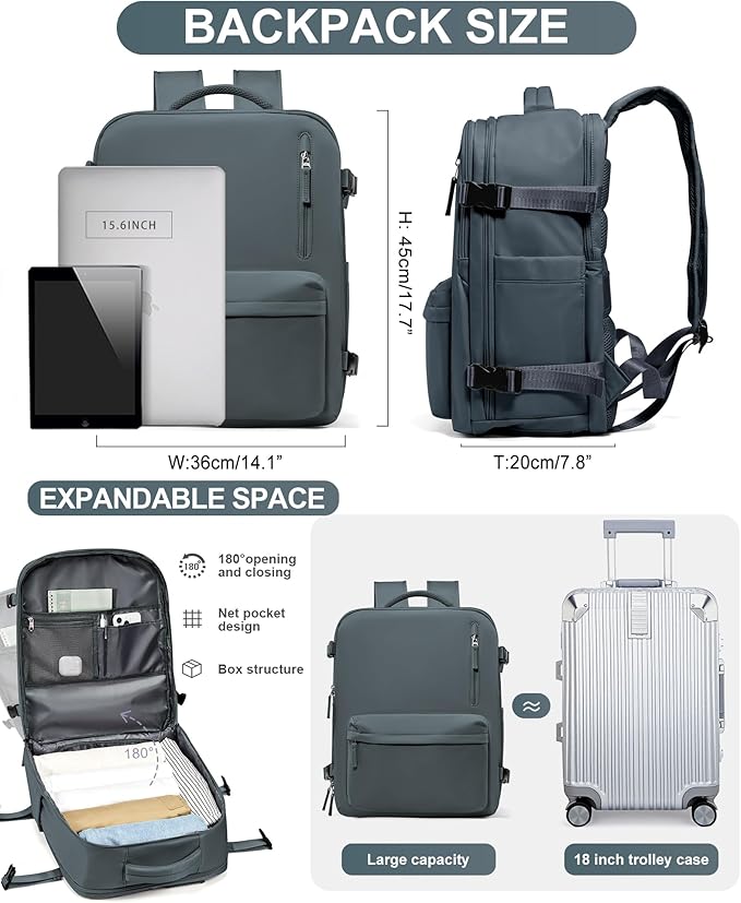 WONHOX Large Travel Backpack Women,Carry On Backpack Flight Approved 18x14x8 inches Bag Spirit Airlines Personal ltem,College Sports Hiking Rucksack Laptop Blackpack mochila de viaje, Grey Blue