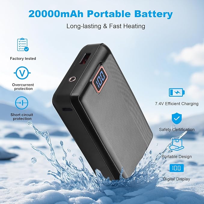 7.4V 20000mAh Rechargeable Power Bank with USB Cable, Fast Charge Battery Packs with LED Display for Heated Jacket, Heated Vest, Heated Hoodie, Heated Socks, Smart Mobile Devices