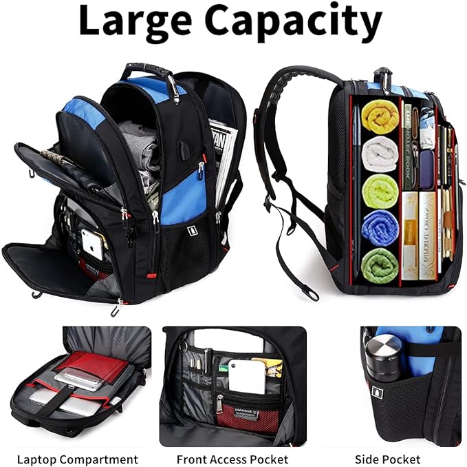 SHRRADOO Extra Large 50L Travel Laptop Backpack with combination lock, College Backpack Airline Approved Business Work Bag Fit 17 Inch Laptops for Men Women,Blue