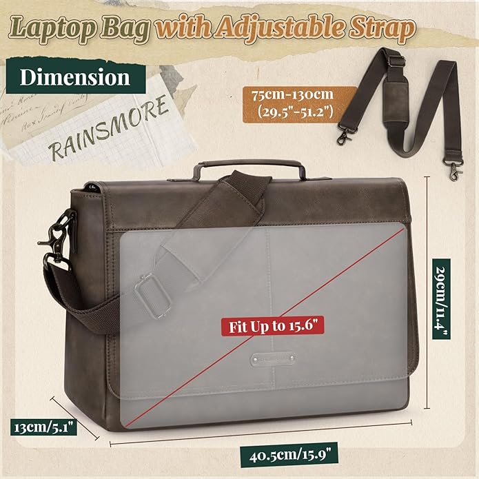 RAINSMORE Vintage Flap Messenger Bag for Men PU Leather Laptop Bag 15.6 Inch Mens Briefcase Waterproof Satchel Computer Bag