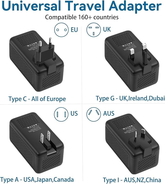 Upgraded 2000W 220V to 110V Voltage Converter US to Europe, Power Converter Adapter Combo for Hair Dryer, Power Converter European Travel Converter with 1 USB A 3 Type C for 160 Countries