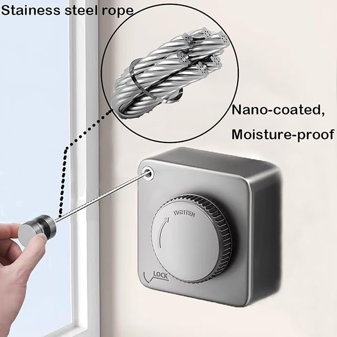 Retractable Clothesline Indoor,Bathroom Clothesline Retracting Heavy Duty Clothes Drying Laundry Line Travel Clothesline for Hotel Room Wall Mounted Stainless Steel Line-13.8 Feets,Gray