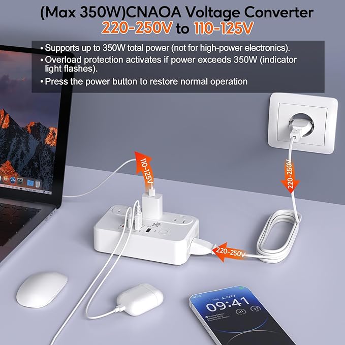 220V to 110V Voltage Converter, 350W Pure Sine Wave Voltage Converter US to Europe with 35W PD 2 Type C & 2 USB A Port, International Power Converter Combo Plug for International Travel White-I