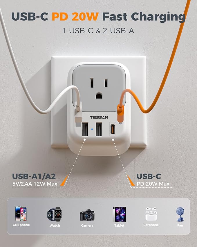 TESSAN 2 Prong to 3 Prong Outlet Adapter 2 Pack, US to Japan Plug Adapter with 4 Outlets 3 USB (1 USB C PD 20W), Outlet Adaptor US to Japan China Mexico Philippines Canada Peru Thailand Vietnam