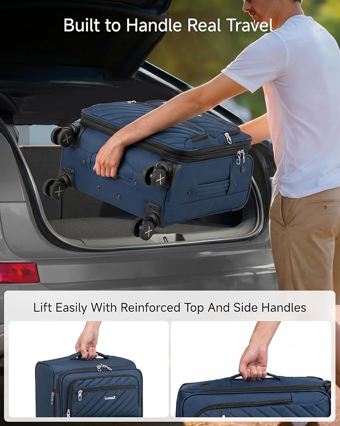 LUGGEX Carry On Luggage with Wheels, Expandable Soft Sided Rolling Suitcase with 8 Spinner Wheels & Aluminum Handle, Lightweight Travel Bag for Business Weekend Trip (UX-Core, Blue,20 Inch)
