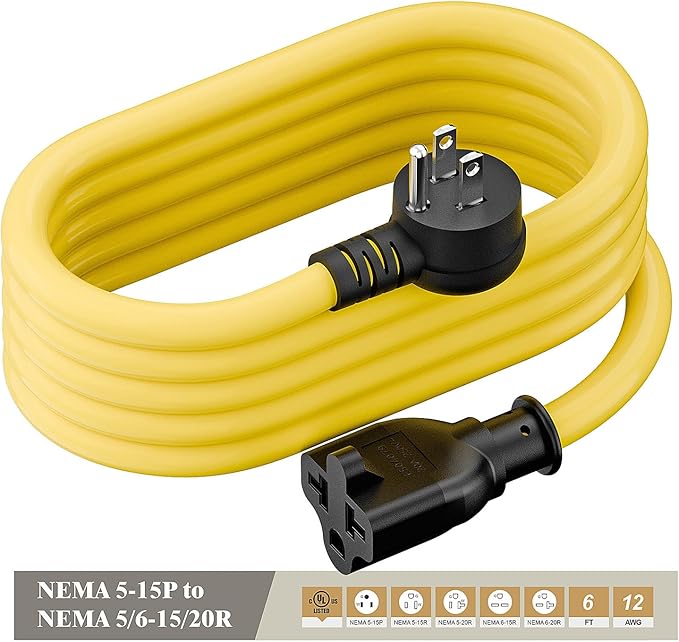 Right Angle Four-in-One 12AWG Heavy Duty 15 Amp Household AC Plug to 20 Amp T Blade Adapter Cable,5-15P to 5-20R/6-15R/6-20R, 4 in 1,15A 125V to 20A 250V Adapter Cable 6FT