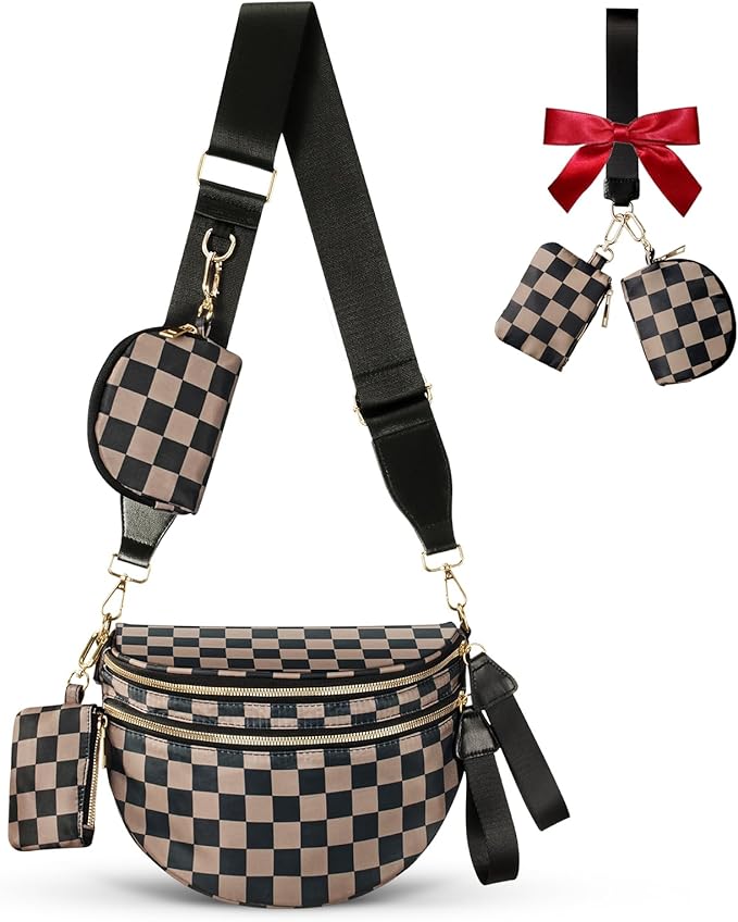 Cross Body Bag for Women Bum Bag Checkered Belt Bags Fanny Packs for Girls Travel Purse Fashion Waist Packs Crossbody Nylon Purse Trendy Shoulder Bags for Womens
