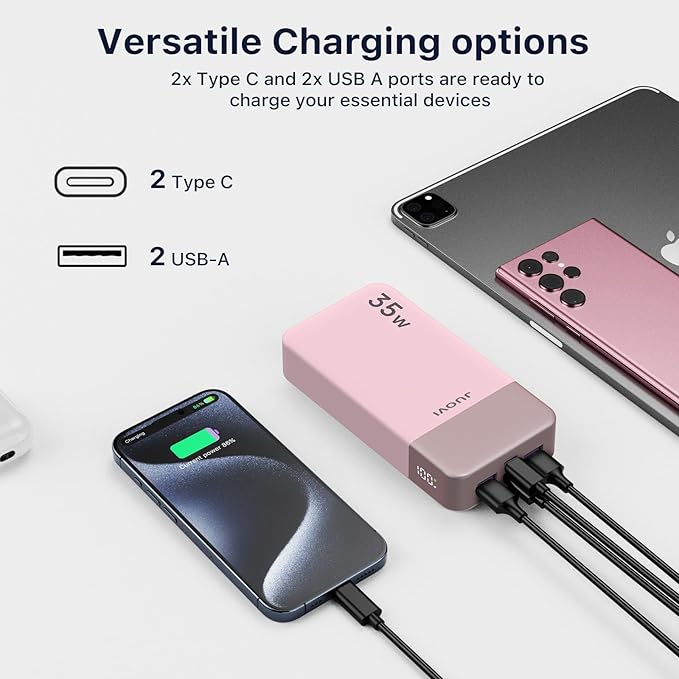 JUOVI J2651 Portable Charger, 35W 20000mAh USB C in & Out Power Bank, Battery Pack with QC4.0+PD3.0 35W High-Speed Charging for Bluetooth Earbud, Mobile Phone, Tablet (Pink)