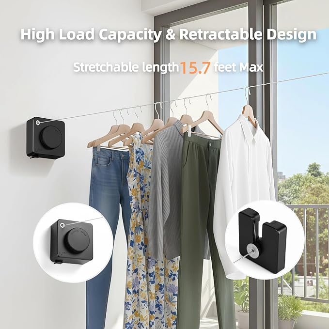 15.7Ft Retractable Clothesline Indoor & Outdoor, Heavy Duty Anti-Sag Wall Mounted Stainless Steel Laundry Drying Line for Balcony, Laundry Room, Bathroom, Motorhome, Dormitory, Travel