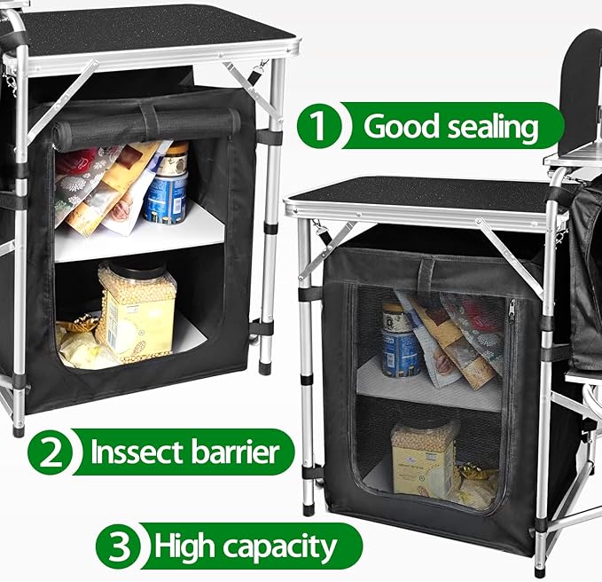 CampLand Folding Camping Kitchen Table with Windscreen,Portable Outdoor Cooking Station with Storage Cabinet & Side Tables Heavy Duty Camp Cook Station for Camping & BBQ (Black3cabinet)