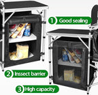 CampLand Folding Camping Kitchen Table with Windscreen,Portable Outdoor Cooking Station with Storage Cabinet & Side Tables Heavy Duty Camp Cook Station for Camping & BBQ (Black3cabinet)