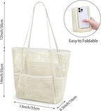 Iioscre Beach Bag for Women, Causal Hobo Pool Bags with Zipper Inner Pocket, Foldable Swim Tote Bag for Vacation Essentials
