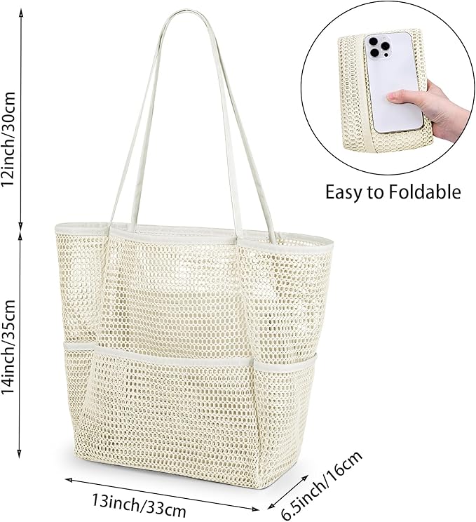 Iioscre Beach Bag for Women, Causal Hobo Pool Bags with Zipper Inner Pocket, Foldable Swim Tote Bag for Vacation Essentials