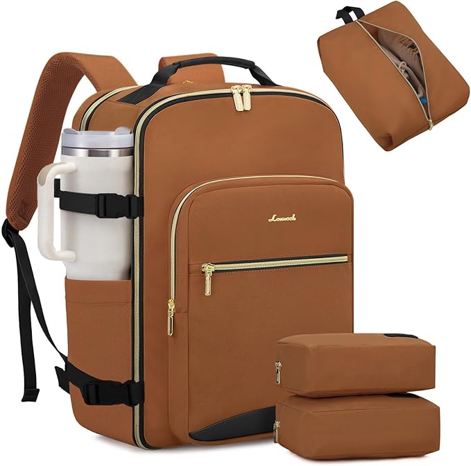 LOVEVOOK 40L Large Travel Backpack for Women Men, 17 Inch Carry on Backpack for Traveling on Airplane, Personal Item Travel Bag Airline Approved, Business Causal Weekender Backpack, Brown Yellow-Black