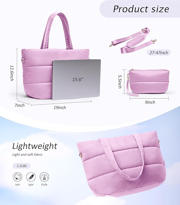 Puffer Tote Bag for Women, Lightweight Puffy Tote with Compartments, Shoulder Bag Crossbody Bags for Women Travel, Work, Gym