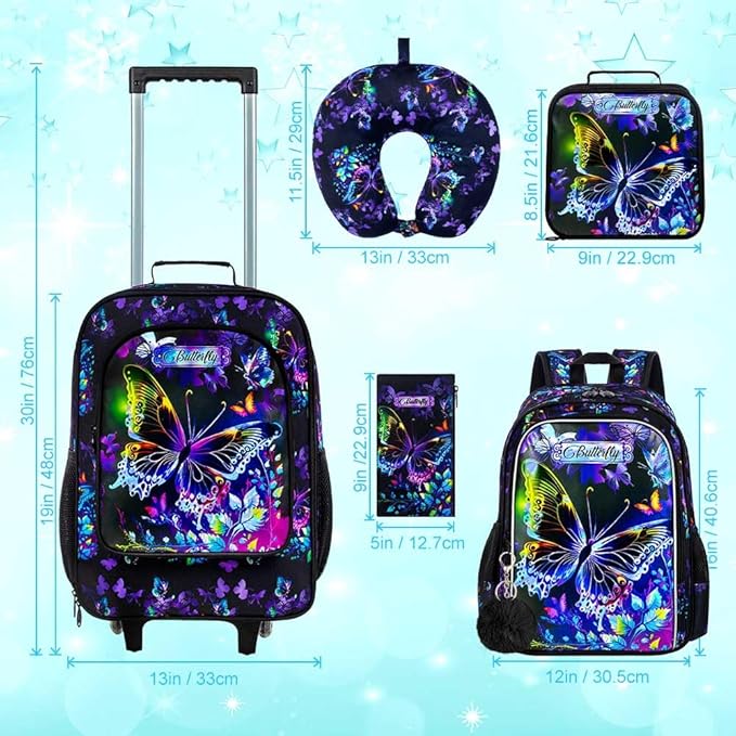 HPJGD 5PCS Girls Suitcase Set, Kids Water-Resistant Rolling Luggage, Cute Butterfly Travel Carry-On for Elementary/Preschool Toddler