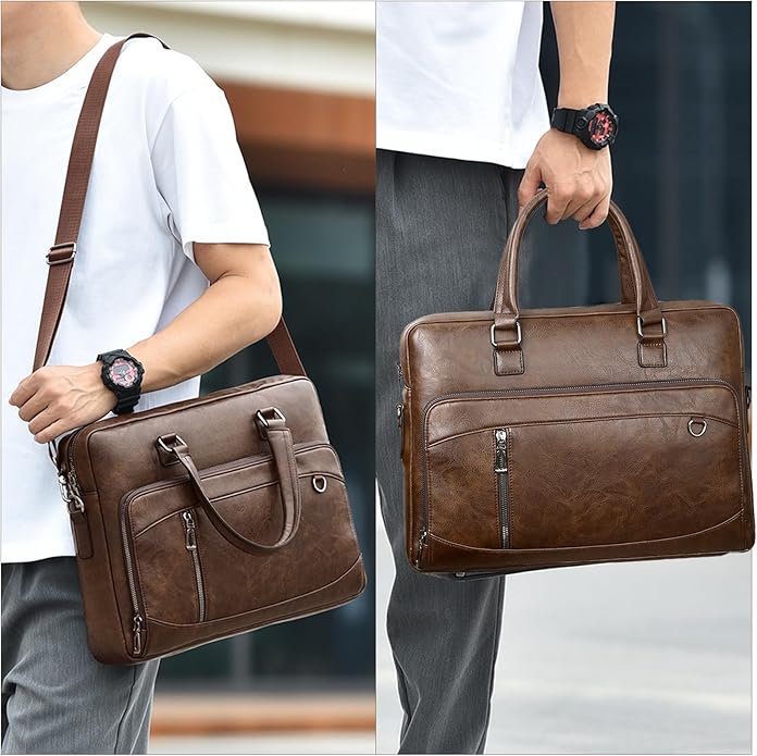 Brown PU Leather Laptop Bag for Men Stylish Mens Messenger Bag Durable Work Bag Practical Shoulder Bag Spacious Computer Briefcase
