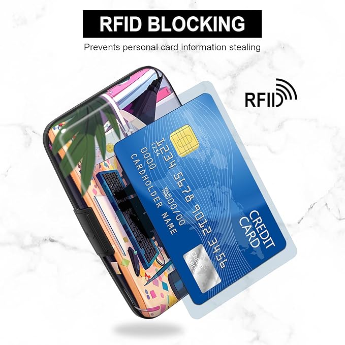 Credit Card Holder, Mini Aluminum Card Wallet RFID Blocking Slim Metal Hard Card Case for Women Men, Cat on Keyboard