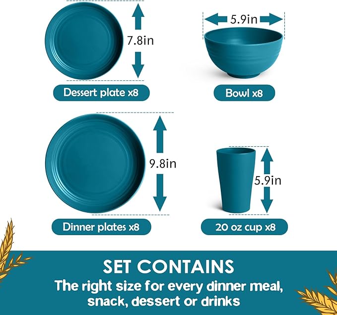 Teivio 32-Piece Kitchen Plastic Wheat Straw Dinnerware Set, Service for 8, Dinner Plates, Dessert Plate, Cereal Bowls, Cups, Unbreakable Colorful Plastic Outdoor Camping Dishes, Dark Blue