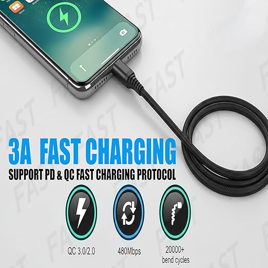 10-Pack USB Type-C Cables [6.6ft | 3A Fast Charge | Braided] – USB-A to USB-C Charger Cord, Compatible with iPhone 15/16/17, Galaxy S25/S24/S23/Z Flip Note20, Pixel 8/7/6, iPad Mini, PS5 – Value Set