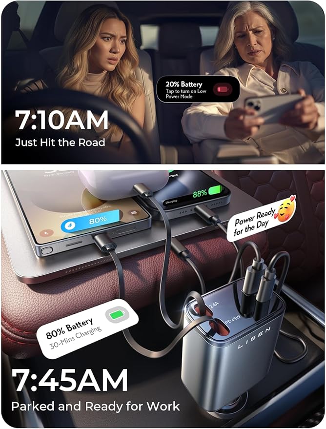 LISEN Retractable Car Charger Gift Box Edition, 84W Cars Phone Charger with Retractable Cable, Car Accessories Gifts for Men Women, 2025, USB C Fast Cars Adapter for iPhone 17 16 15 14