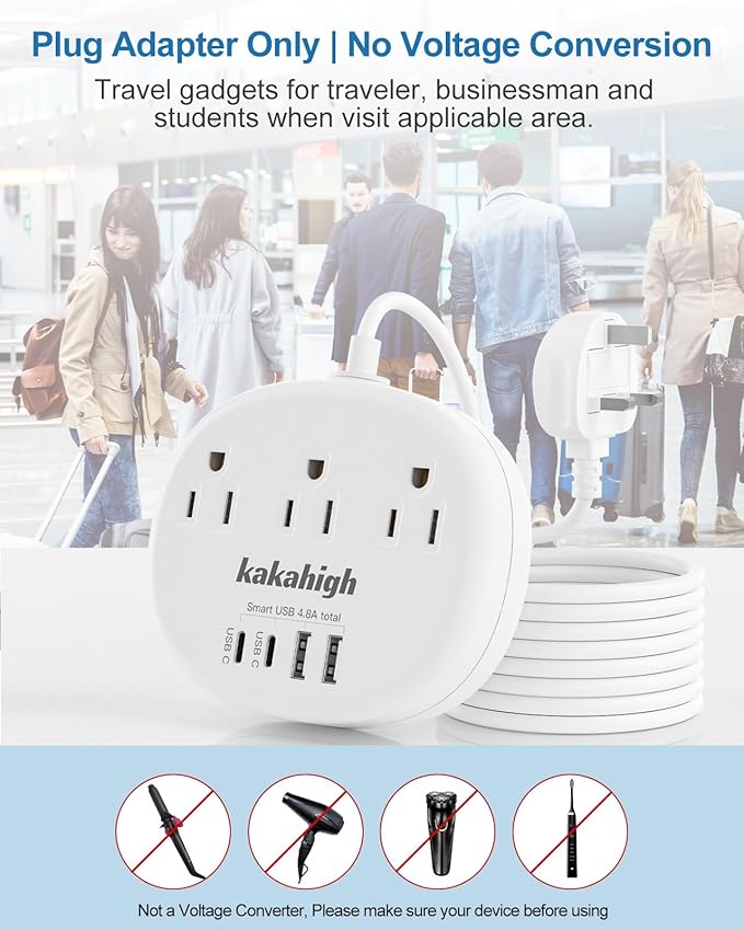 UK Adapters for Travel(13A), US to UK Plug Adapter with 3 Outlets 4 USB Ports (2 USB-C) Total Output 24W, Type G Travel Adapter for USA to British Ireland Scotland Hong Kong