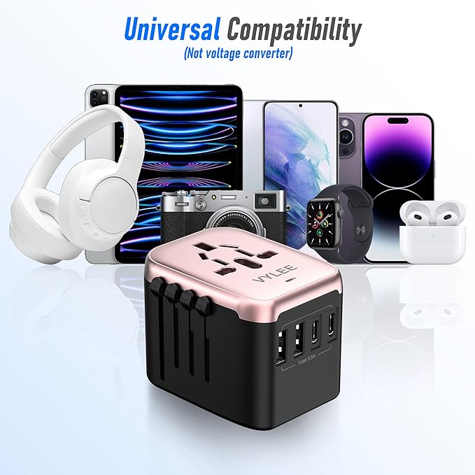 VYLEE Universal Travel Adapter, 5 in 1 International Power Adapter with 3.5A 2xUSB-A & 2xUSB-C Ports, Travel Plug Adapter Worldwide for Europe USA UK AUS Travel Essentials (Rose Gold)