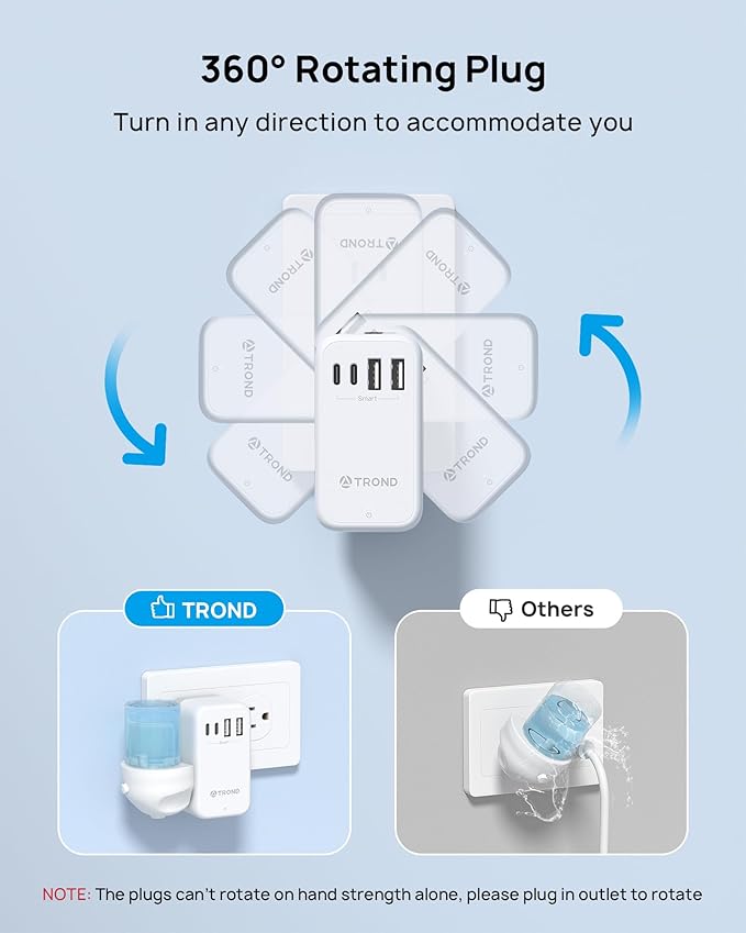 TROND 3 to 2 Prong Adapter with 360° Rotating Plug, 2 Prong Outlet Extender with 3 AC and 4 USB Ports, US to Japan Plug Adapter, Wall Outlet Splitter for Travel, Home, Cruise Essentials