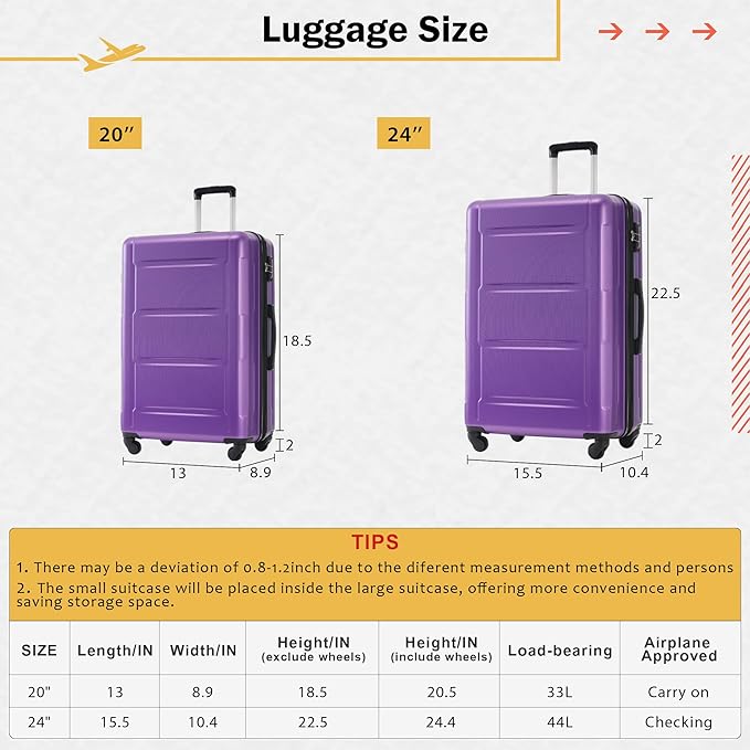 2 Piece Luggage Sets with Bags, Lightweight ExpanableCarry on Luggage Sets, Hardshell ABS Spinner Wheels Suitcase with TSALock,for Women Men, 20 IN & 24 IN, Purple