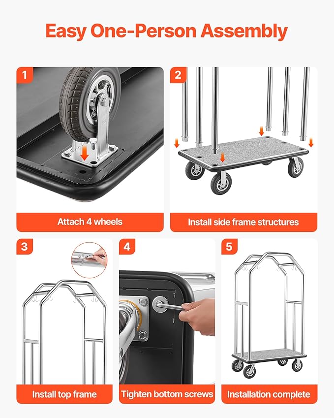 VEVOR Hotel Luggage Cart, 1500 lbs Heavy Duty Bellman Cart with Stainless Steel Frame, 8 in Rubber Wheels, Gray Carpeted Deck, Commercial Luggage Carrier Rolling Trolley for Hotels,Resorts,Silver