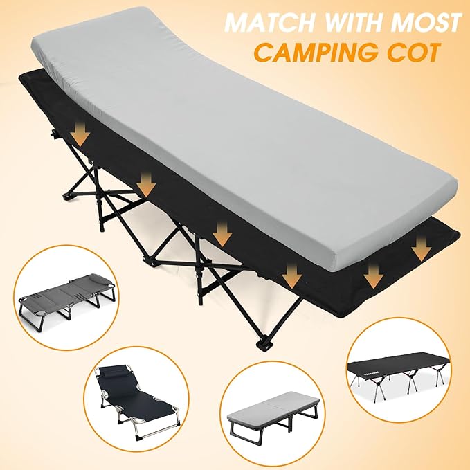 CYMULA Camping Cot Mattress 2in Memory Foam Sleeping Pad,Soft Warm Non-Slip Camping Mattress Topper with Retaining for Adults,Portable Roll up Pad for Travel（only Mattress）