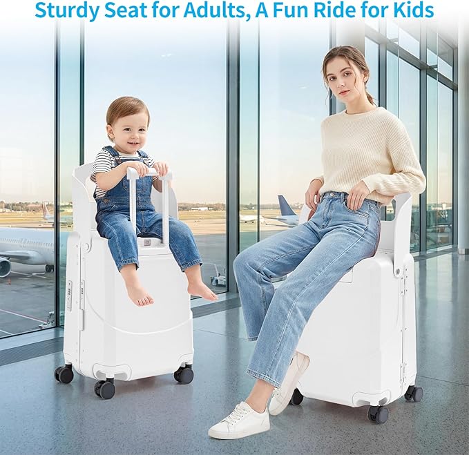 TABU 20" Ride on Luggage with Foldable Seat，Front-Opening Carry On Suitcase with Built-in USB & Type-C Port, TSA Lock and 360° Silent Spinner, for Kids & Adults, White