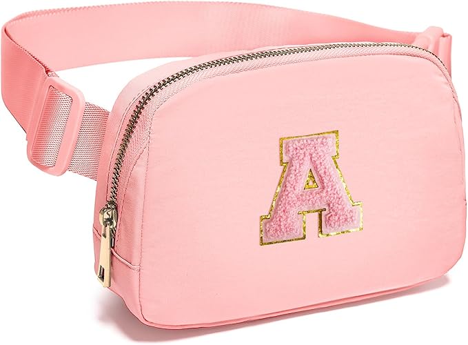 Gitus Belt Bag Fanny Pack Crossbody Bags with Initial Letter Patch Cute Stuff Birthday Gifts for Teenager Girls Trendy Preppy Stuff for Teen Girls Cool Stuff for Teens (Light Pink-A)