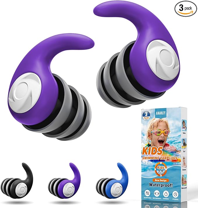 Waterproof Swimming Ear Plugs for Kids - 3 Pairs of Reusable Soft Silicone Swim Earplugs,Ear Protection for Children (4-12 Years Old) - Ideal for Surfing, Diving, Pool, Showering, and Water Sports