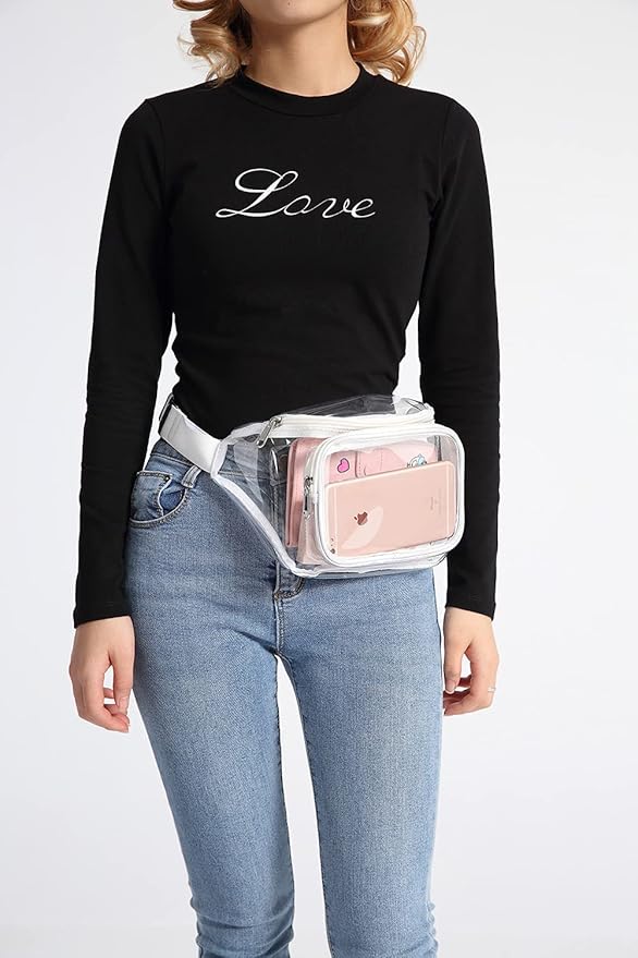 Veckle Clear Fanny Pack Stadium Approved - Adjustable 33-47 Inch Strap, Transparent Belt Bag for Women Men Fits 7.5-inch Smartphone, Waist Bag Clear Bag for Stadium Events, Sport, Concerts, White