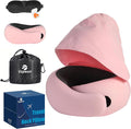 Travel Pillow - Hooded Neck Pillow Airplane Memory Foam Filling for Plane, Office, Cars Sleeping, Road Trip, Long Flights, Airplane Travel Essentials, Includes Eye Mask & Earplugs (Pink)
