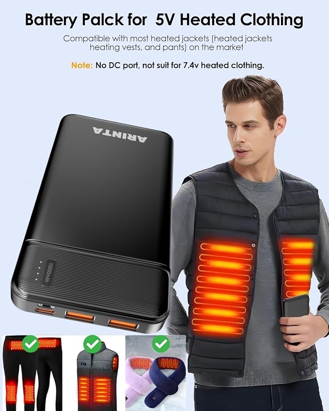 5V 2A Power Bank Battery Pack for Heated Jacket & Vest, Portable Charger 10000mAh, Ultra Slim with USB-C Input/Output, Compatible for Smartphones & Tablets, Gifts for Men Women. (Black)