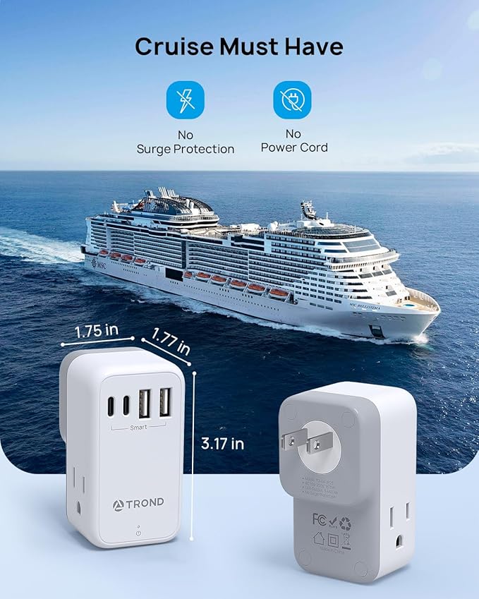 TROND 3 to 2 Prong Adapter with 360° Rotating Plug, 2 Prong Outlet Extender with 3 AC and 4 USB Ports, US to Japan Plug Adapter, Wall Outlet Splitter for Travel, Home, Cruise Essentials