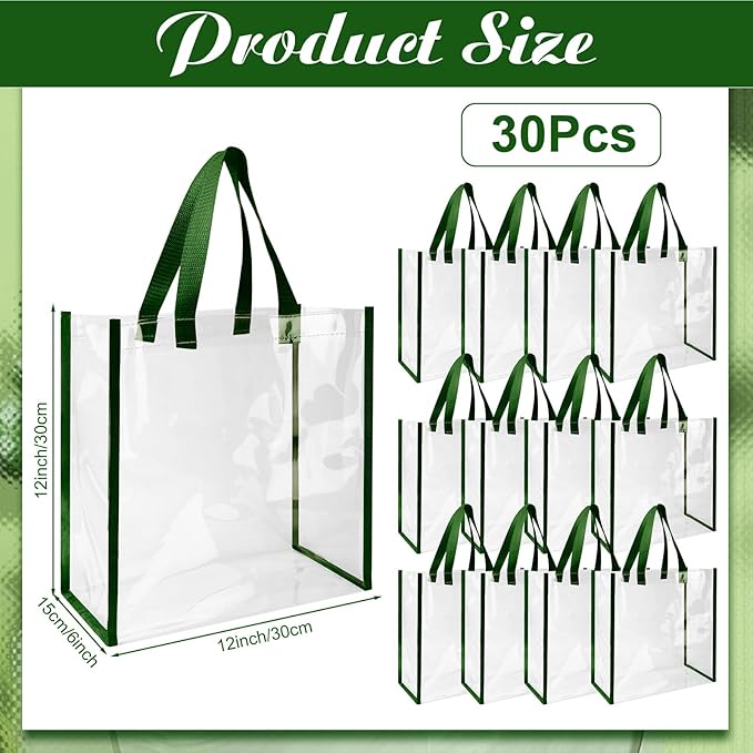 Eccliy 30 Pack 12x12x6 Inch Clear Tote Bag Stadium Approved Bulk Plastic Beach Tote Gift Bag with Handle for Gym Sports | 30 Pack, 12x12x6 Inch, Stadium Approved, Bulk, with Handle, Tote Gift Bag