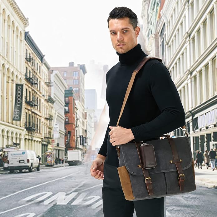 Messenger Bag for Men, Waterproof Genuine Leather Waxed Canvas Briefcase 15.6 Inch Laptop Larger Shoulder Bag with Key Bag