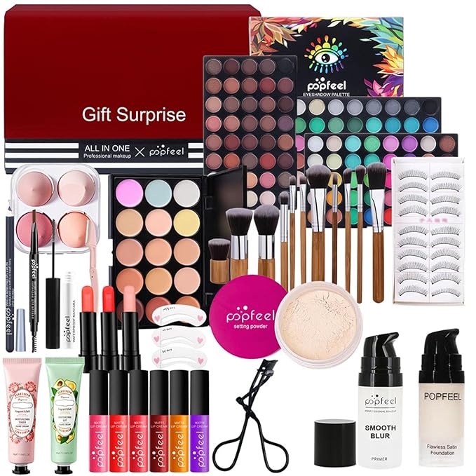 Pure Vie All-in-One Holiday Gift Surprise Makeup Set Essential Starter Bundle Include Eyeshadow Palette Lipstick Concealer Blush Mascara Eyeliner Face Powder Lipgloss Brush - Full Makeup Kit for Women